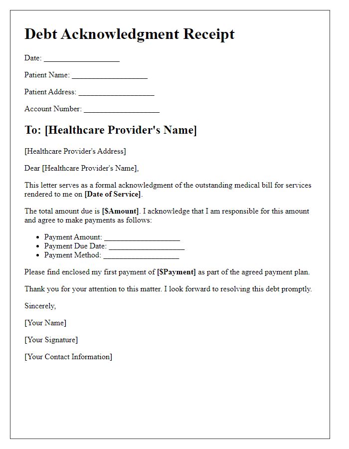 Letter template of debt acknowledgment receipt for medical bills.