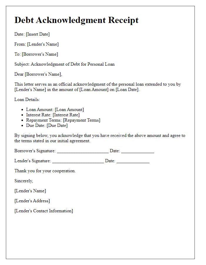 Letter template of debt acknowledgment receipt for personal loans.