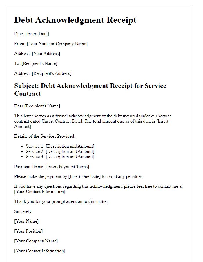 Letter template of debt acknowledgment receipt for service contracts.