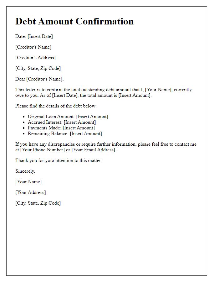 Letter template of Debt Amount Confirmation