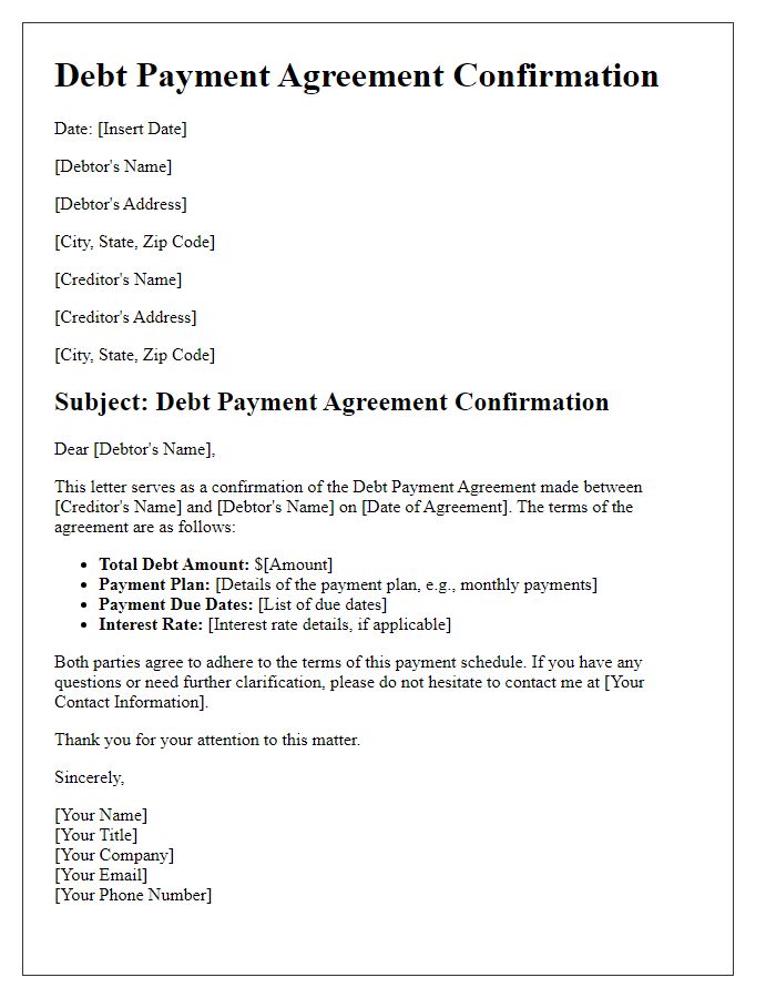 Letter template of Debt Payment Agreement Confirmation