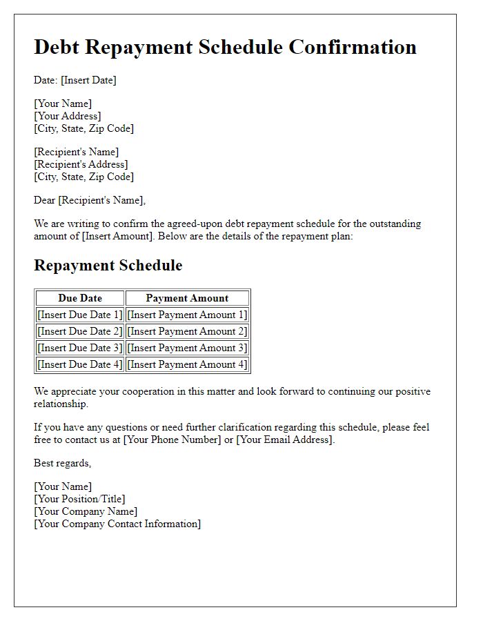 Letter template of Debt Repayment Schedule Confirmation