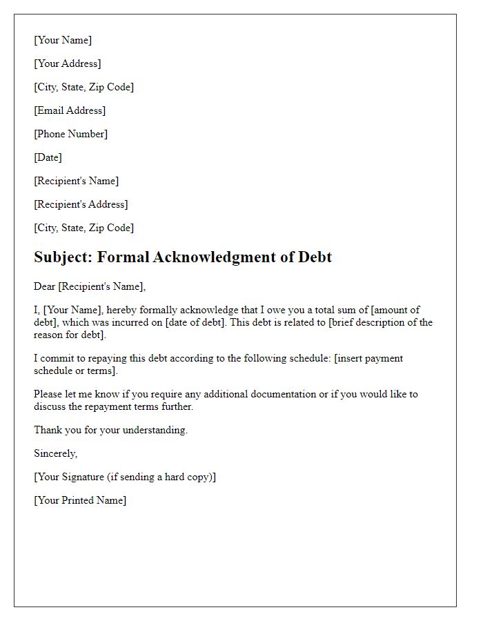 Letter template of Formal Debt Acknowledgment