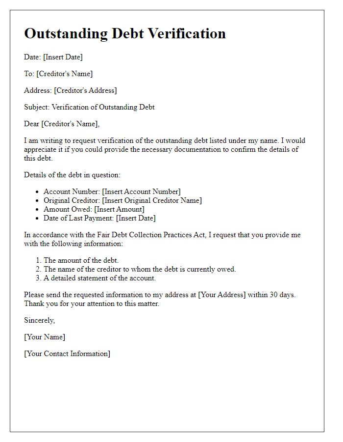 Letter template of Outstanding Debt Verification