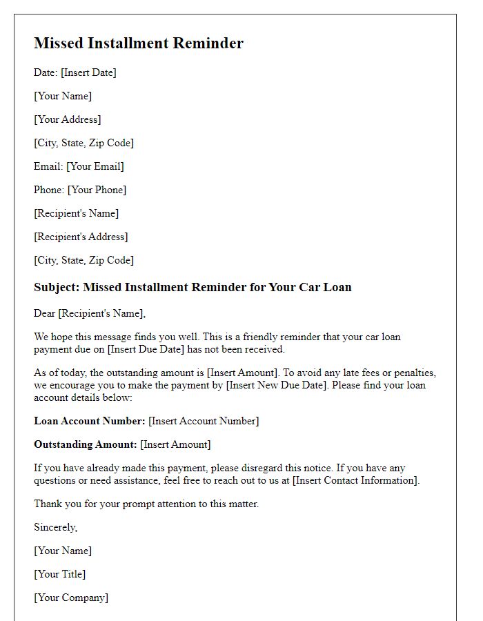 Letter template of missed installment reminder for car loans