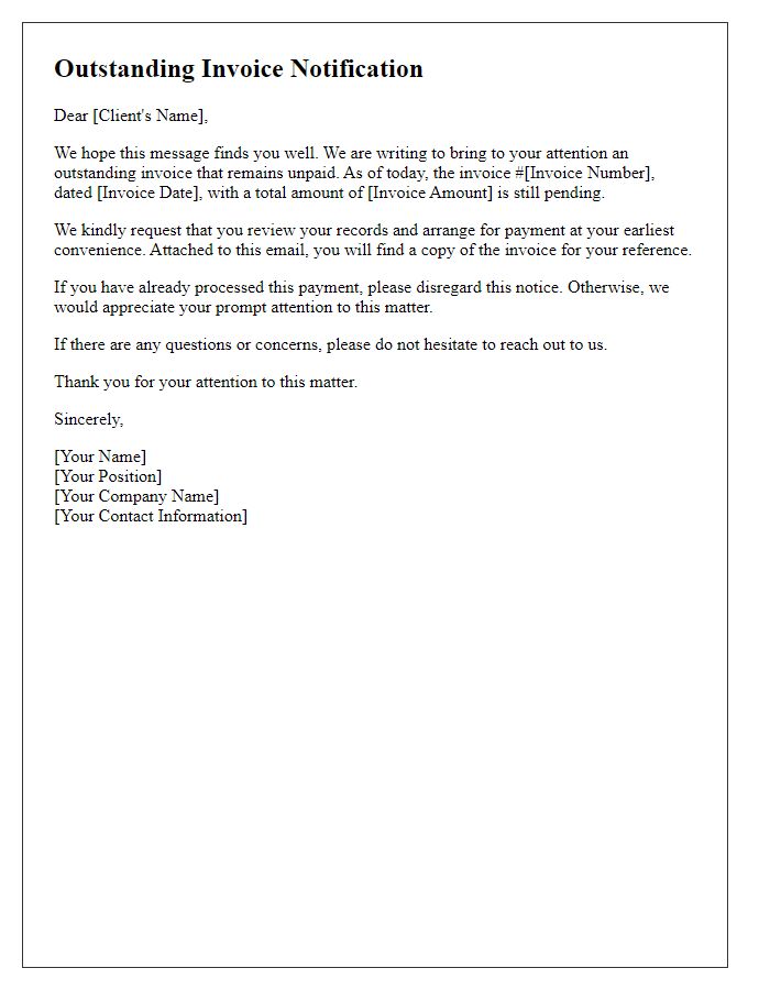 Letter template of outstanding invoice notification for business clients