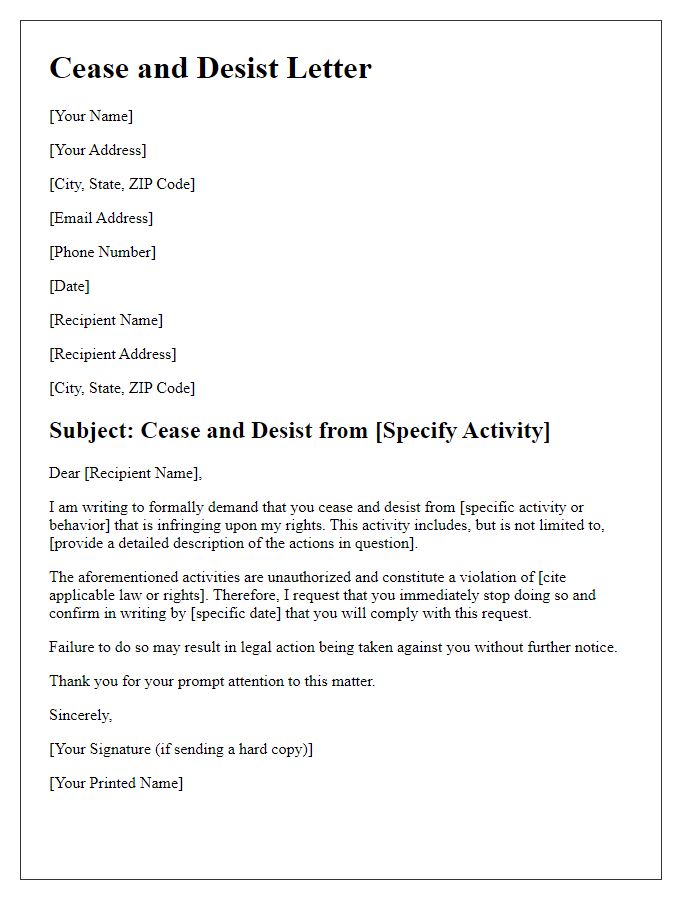 Letter template of cease and desist communication