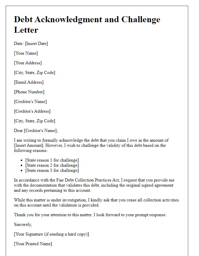 Letter template of debt acknowledgment and challenge