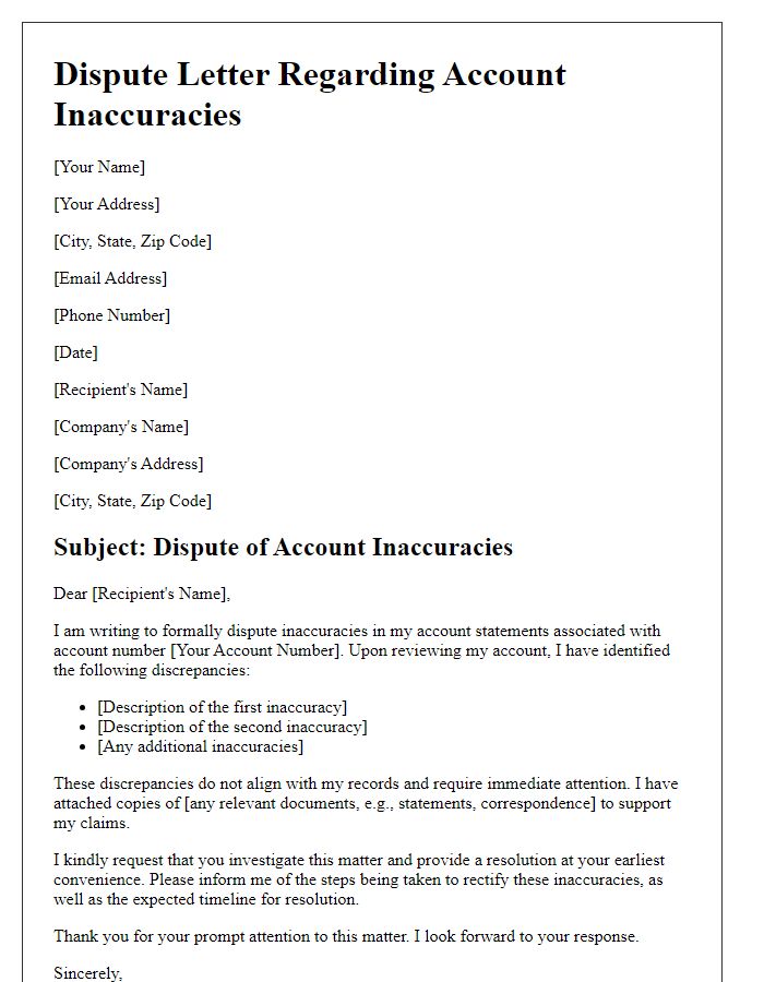 Letter template of dispute regarding account inaccuracies