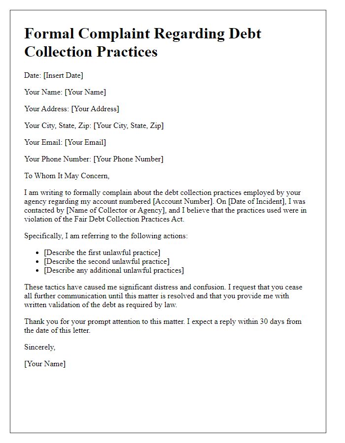 Letter template of formal complaint for debt collection practices