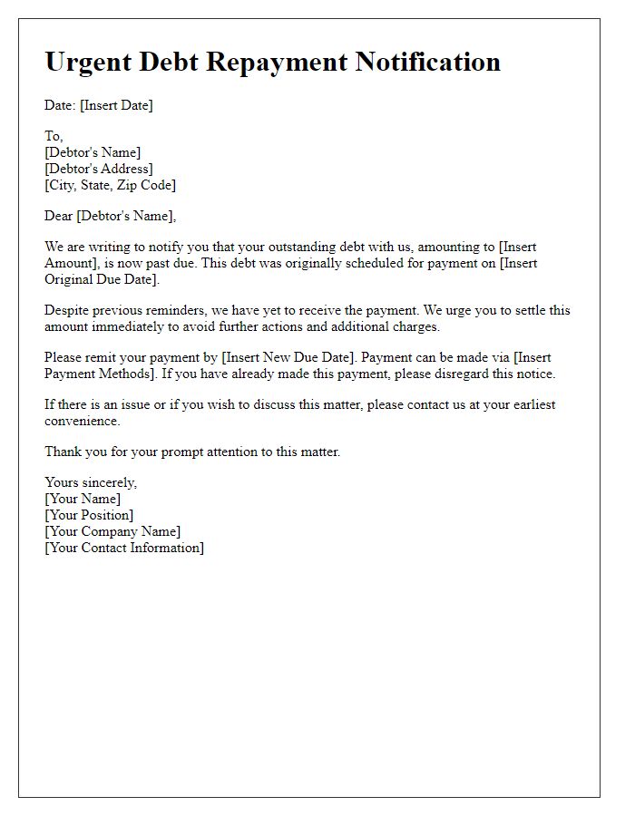 Letter template of urgent debt repayment notification