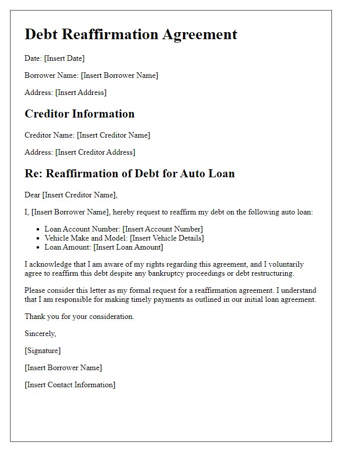 Letter template of debt reaffirmation agreement for auto loans.