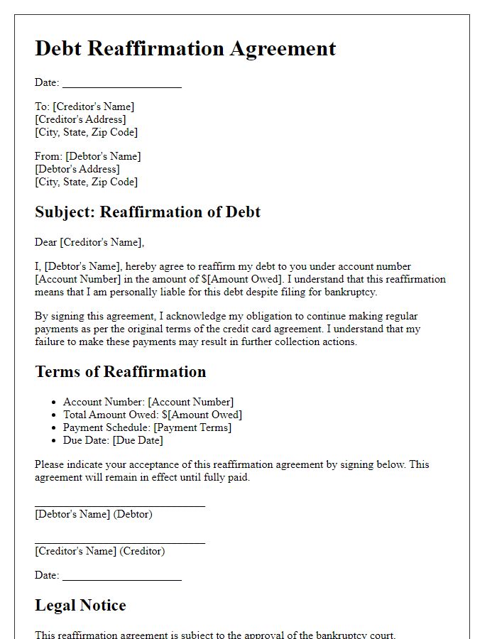 Letter template of debt reaffirmation agreement for credit card debt.