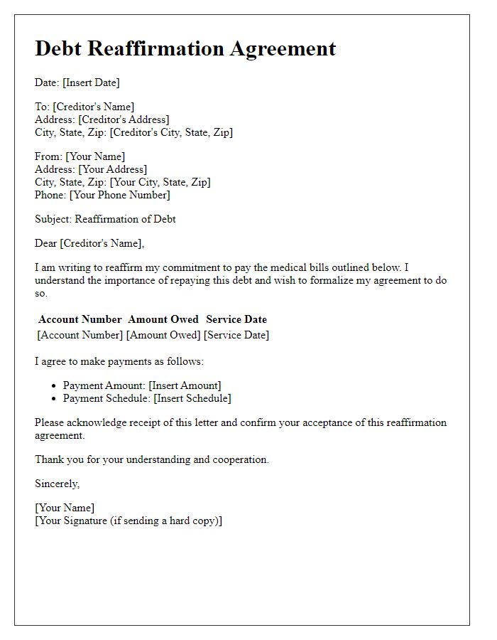 Letter template of debt reaffirmation agreement for medical bills.