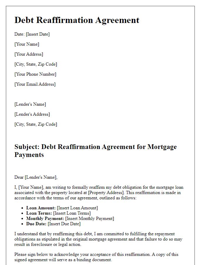 Letter template of debt reaffirmation agreement for mortgage payments.