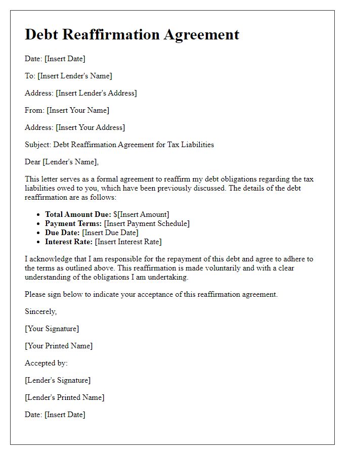 Letter template of debt reaffirmation agreement for tax liabilities.