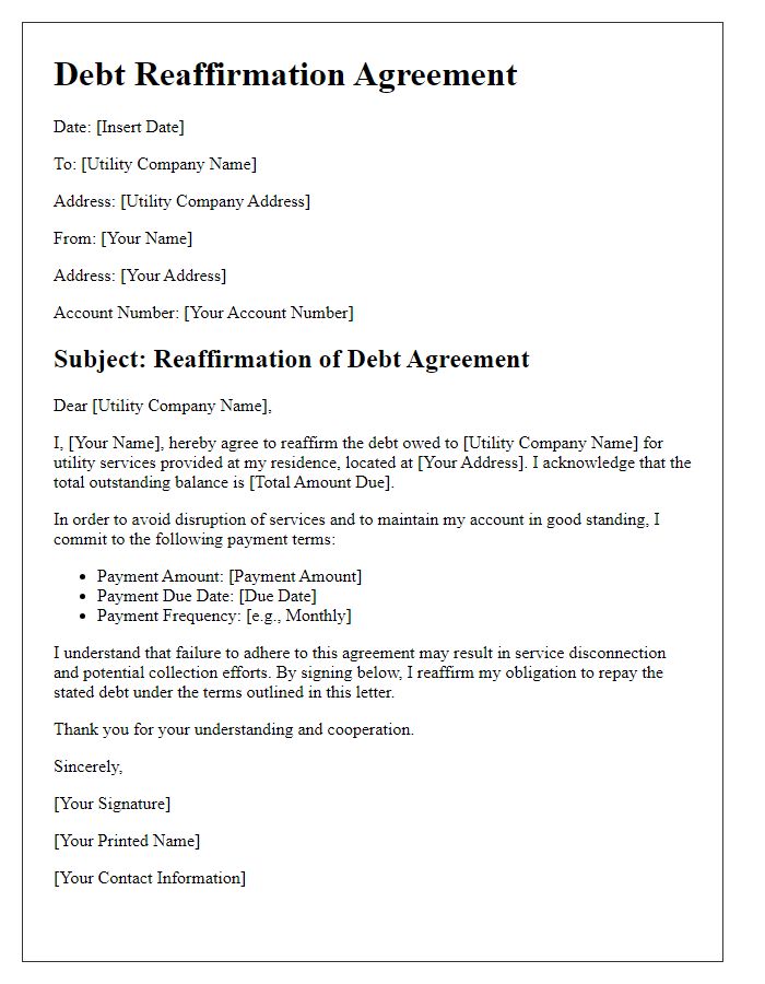 Letter template of debt reaffirmation agreement for utility payments.