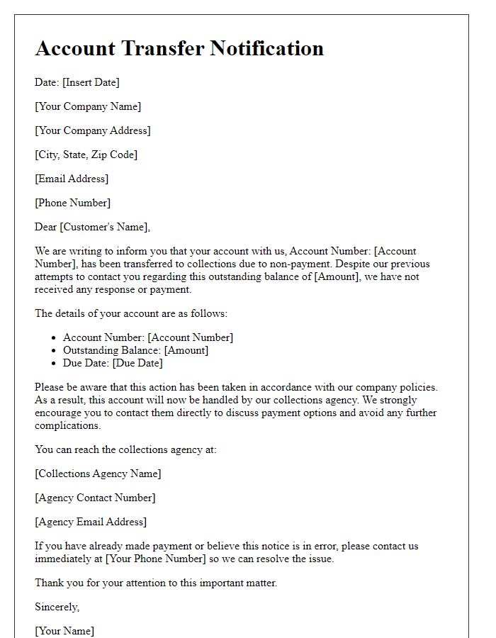 Letter template of account transfer to collections.