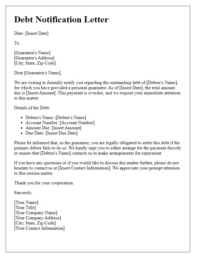 Letter template of debt notification to a guarantor.