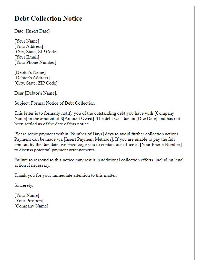 Letter template of formal debt collection notice.