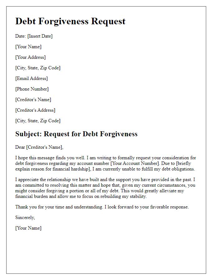 Letter template of debt forgiveness request