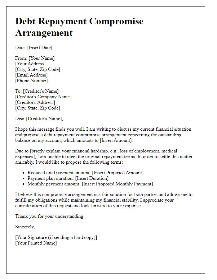 Letter template of debt repayment compromise arrangement.