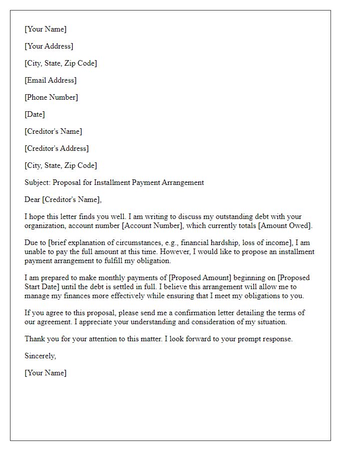 Letter template of installment payment arrangement for outstanding debt.