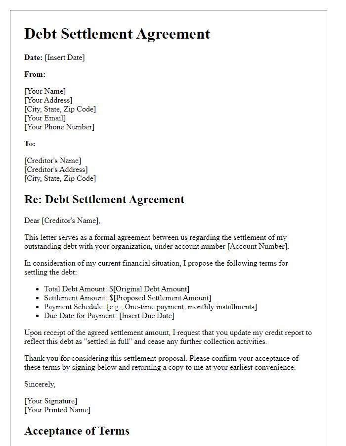 Letter template of negotiated debt settlement agreement.