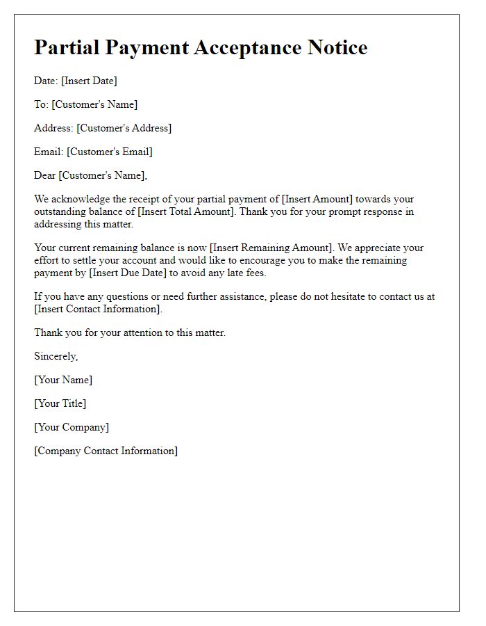 Letter template of partial payment acceptance notice.