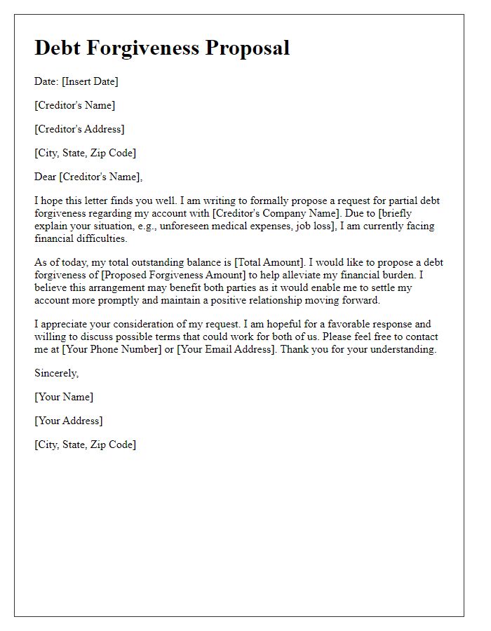 Letter template of proposal for partial debt forgiveness.