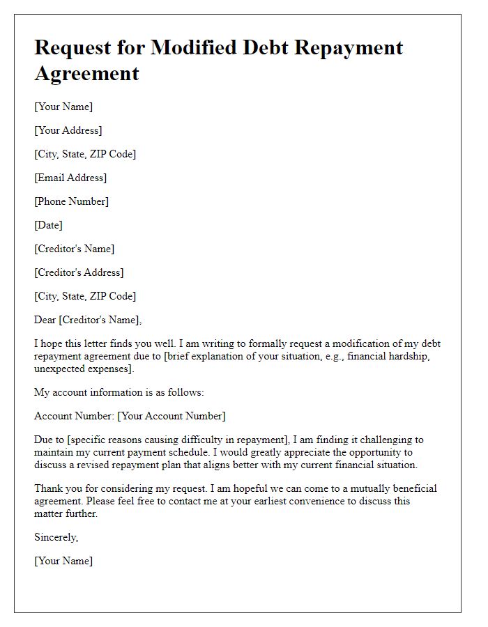 Letter template of request for modified debt repayment agreement.