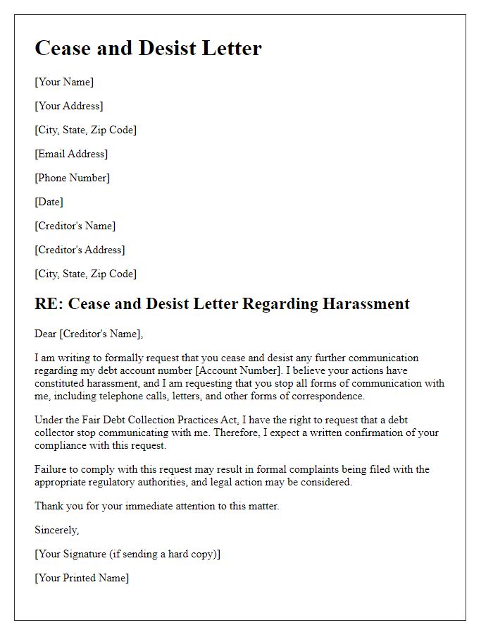 Letter template of cease and desist communication regarding debt harassment.