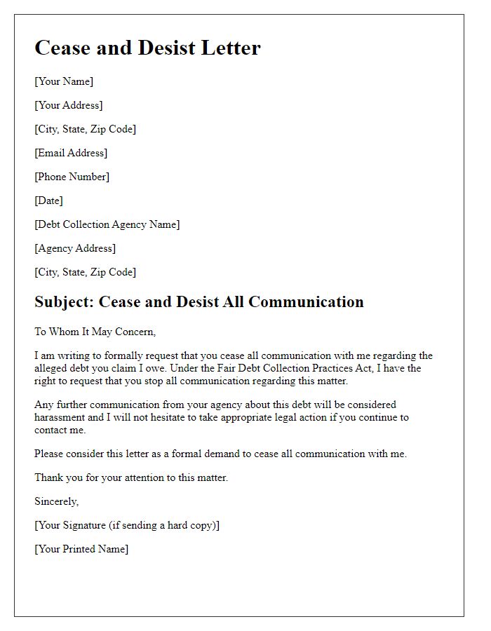 Letter template of cease and desist for debt collection agency.