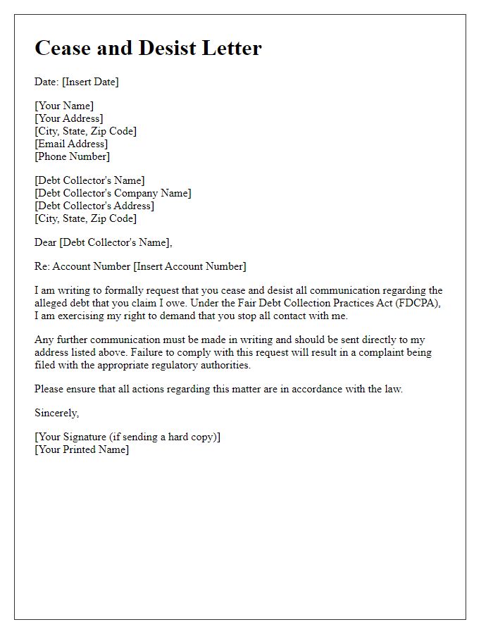 Letter template of cease and desist for third-party debt collection practices.