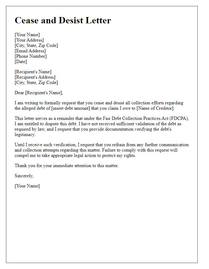 Letter template of formal cease and desist request for debt recovery.