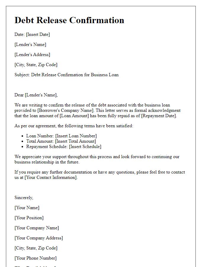 Letter template of debt release confirmation for business loan