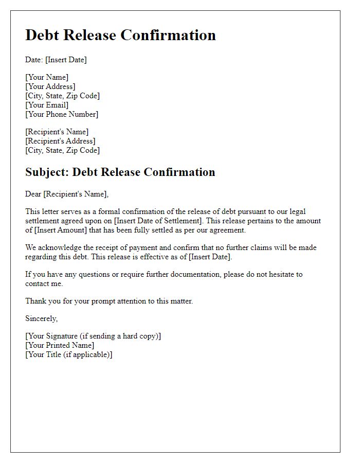 Letter template of debt release confirmation for legal settlements