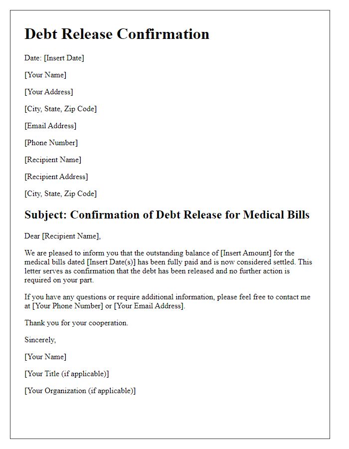 Letter template of debt release confirmation for medical bills