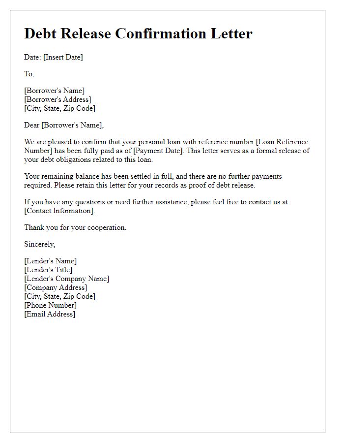 Letter template of debt release confirmation for personal loan