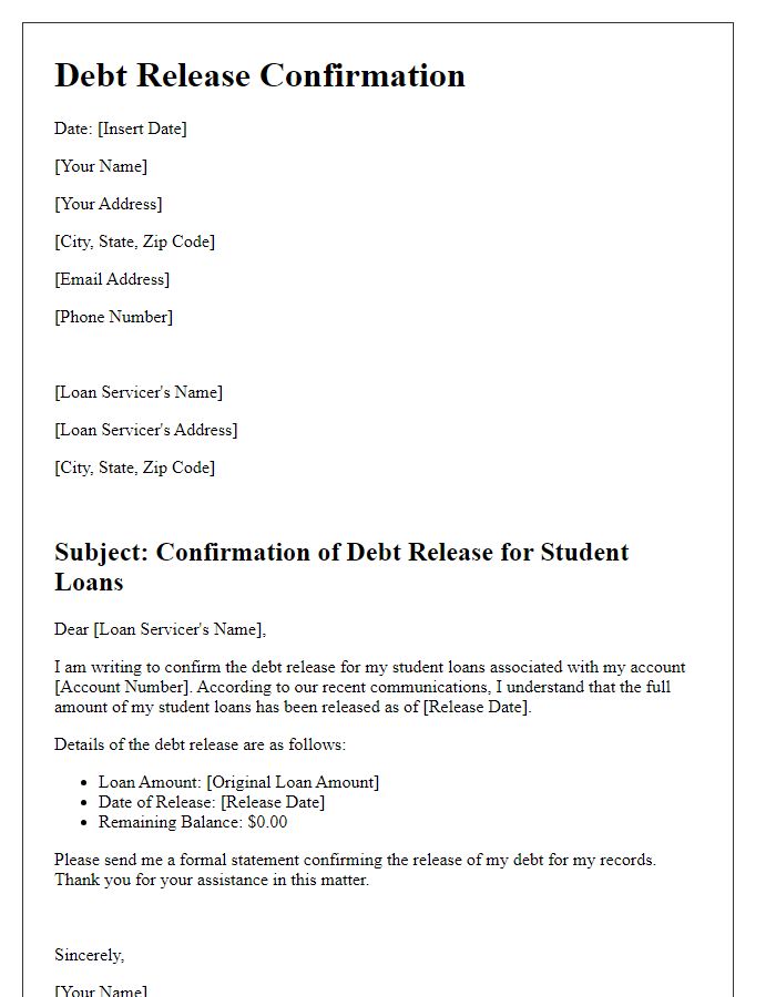 Letter template of debt release confirmation for student loans