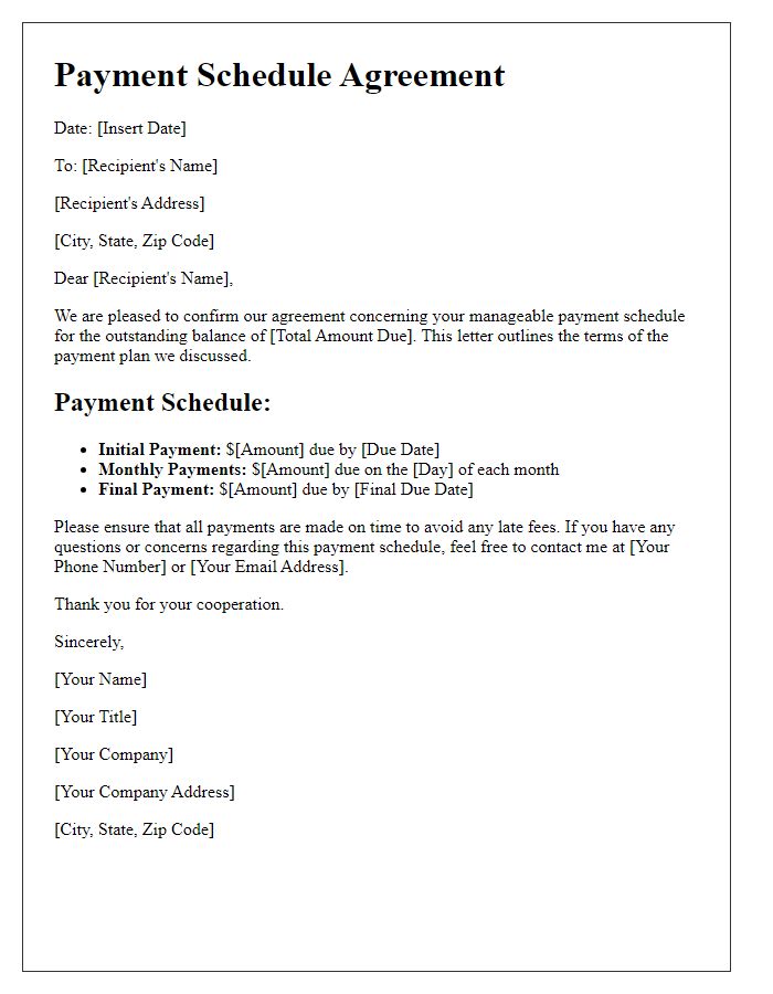 Letter template of manageable payment schedule