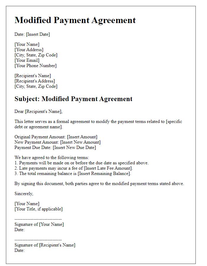 Letter template of modified payment agreement