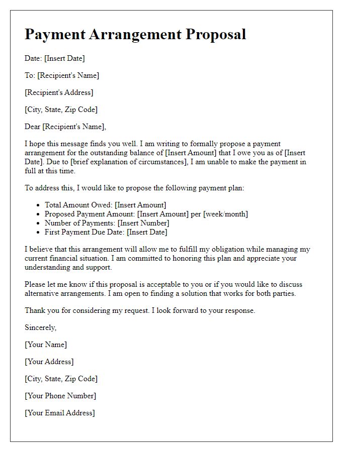 Letter template of payment arrangement proposal