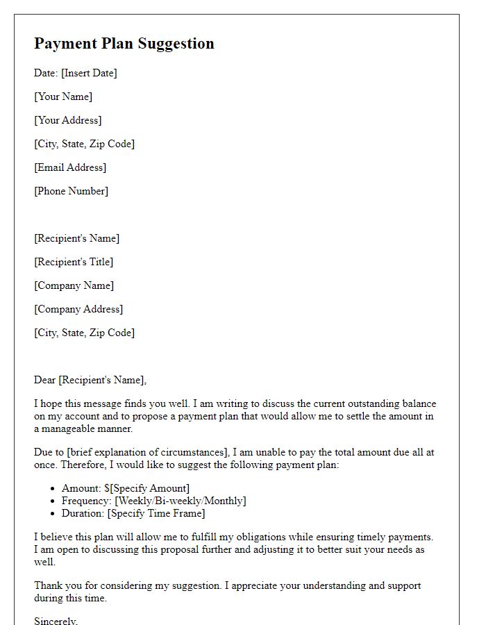 Letter template of payment plan suggestion