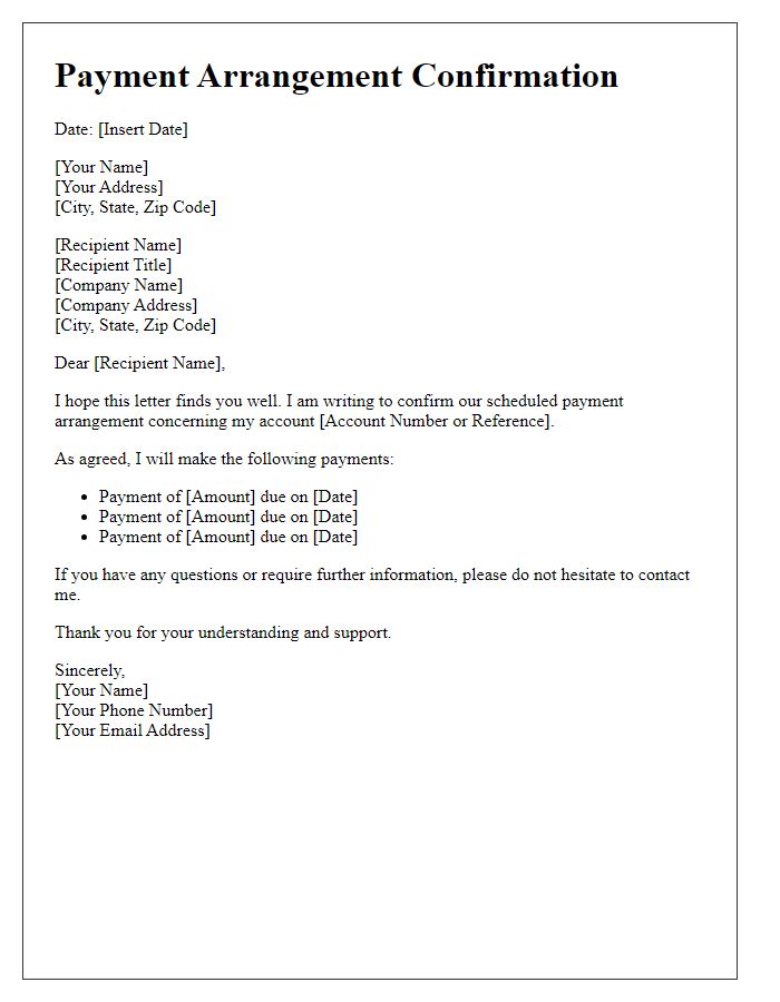 Letter template of scheduled payment arrangement