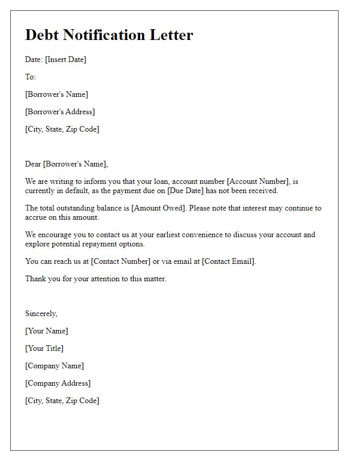 Letter template of initial debt notification to a borrower.