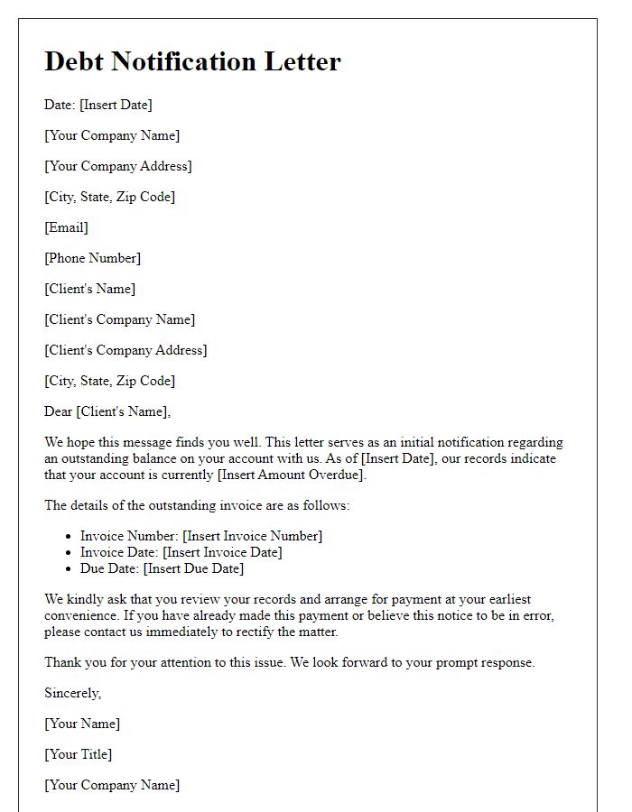 Letter template of initial debt notification to a business client.