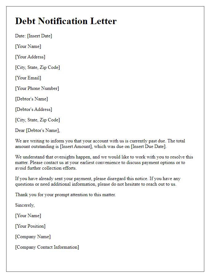 Letter template of initial debt notification for collection efforts.