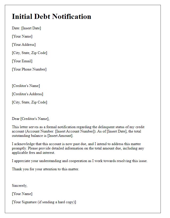 Letter template of initial debt notification for credit account delinquency.