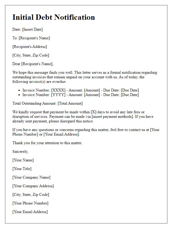 Letter template of initial debt notification for outstanding invoices.